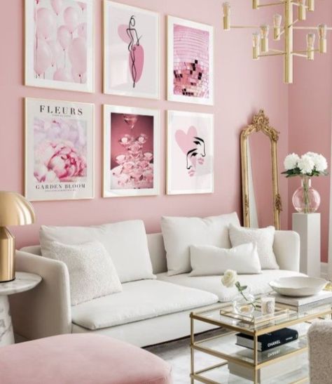 Pink Bedroom Accessories, Trendy Gallery Wall, Pink Living Room Decor, Wall Inspiration, Gold Living Room, Gallery Wall Inspiration, Pink Living Room, Poster Store, Pink Home Decor