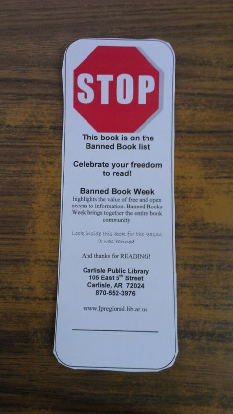 Banned Book Week  I am going to put these inside the banned books I have on display.  We also looked up why each book was banned and put that information inside the book. Book Display Ideas Bookstore, Banned Books Week Library Display, Library Advertising, Banned Books Week Display, Banned Book Week, Attention Sign, Library Programming, Teen Library, Library Book Displays