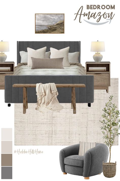 Amazon bedroom decor ideas! Modern transitional bedroom finds from amazon Organic Modern Decor Bedroom Bed Frames, Agreeable Gray Guest Bedroom, Bedding For A Grey Headboard, Dark Grey Upholstered Bed Bedroom Ideas, Master Bedrooms Mood Board, Amazon Guest Bedroom, Gray Upholstered Headboard Bedroom Ideas, Masculine Guest Room, Amazon Bedroom Ideas