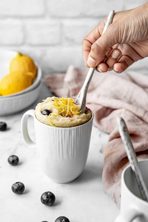 Mug Photoshoot, Lemon Blueberry Mug Cake, Cake In Mug, Simple Mug Cake Recipe, Blueberry Mug Cake, Gluten Free Mug Cake, Easy Mug Cake, Healthier Desserts, Peanut Butter Brownies