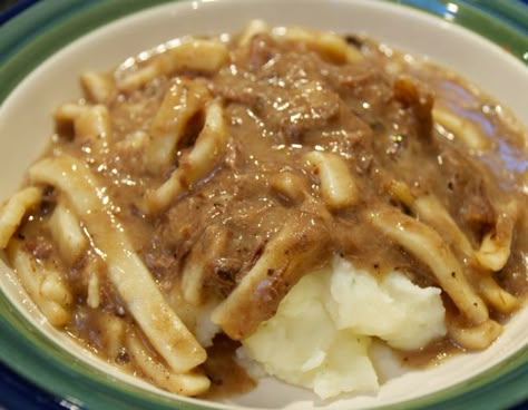 Beef and Noodles over mashed potatoes Cream Of Mushroom Soup, Cream Of Mushroom, Amish Recipes, Shredded Beef, Crockpot Beef, Beef Stock, Beef Ribs, Sauteed Mushrooms, Beef And Noodles