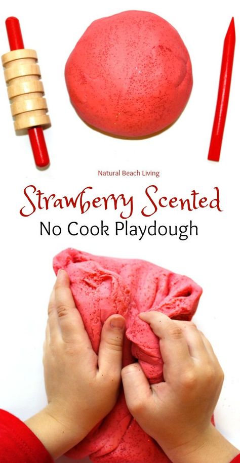 Amazing No Cook Strawberry Playdough Recipe, Perfect for Valentine's Day or Summer this play dough smells amazing. The Best Jello Dough Recipe No Cook Playdough, Best Homemade Playdough Recipe, Best Playdough Recipe, Cooked Playdough, Edible Playdough, Homemade Playdough Recipe, No Cook, Dough Recipes, Playdough Recipe