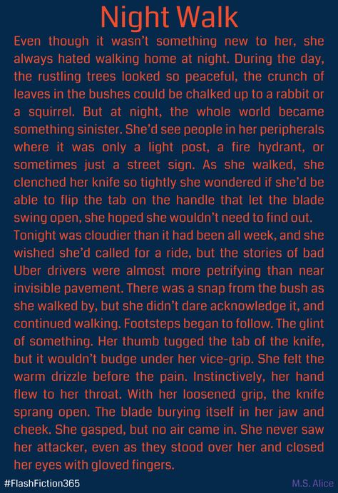 Flash Fiction #027 "Night Walk" A story every day for a year! #ShortStory Flash Fiction Stories, Canvas Learning, Night Walk, Fiction Stories, Flash Fiction, About A Girl, Short Fiction, Short Stories, A Year