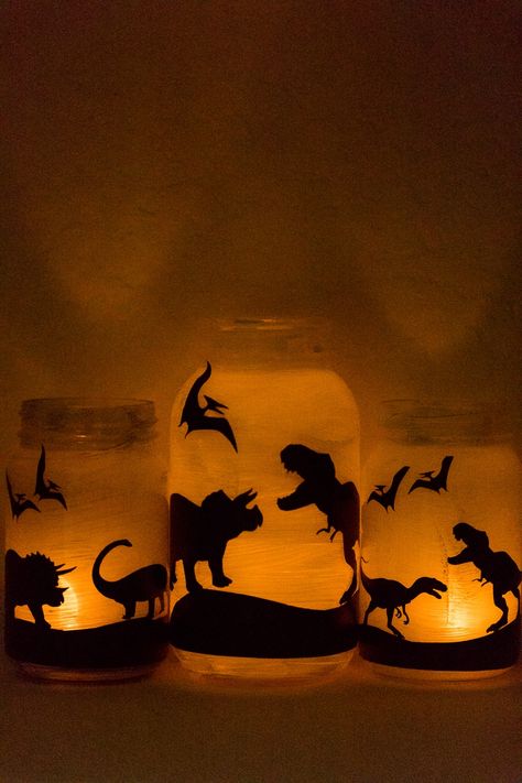 Dinosaur Lantern Jars - Made To Be A Momma Dinosaur Lantern, Paper Dinosaur, Dinosaur Footprint, Dinosaur Silhouette, Dinosaur Room, Fairy Jars, Dinosaur Activities, Dinosaur Crafts, Favorite Paint Colors