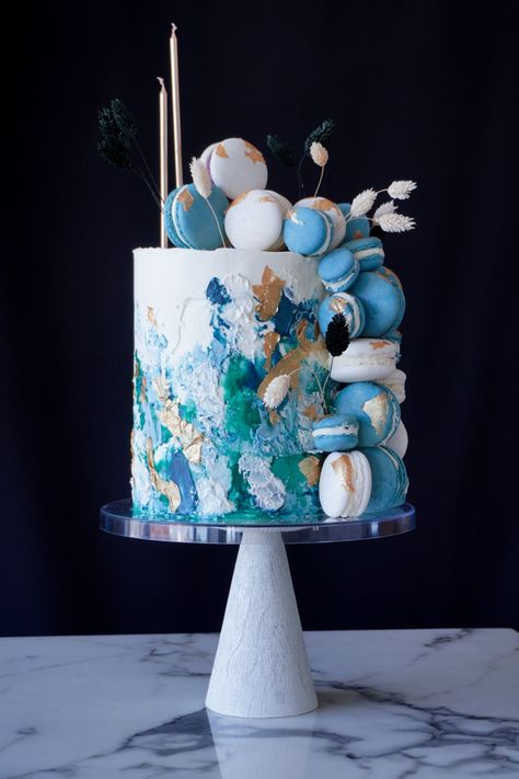 Cake,Macaron, buttercream cake, birthday cake,Boys cake, Blue cake Blue Cake With Macarons, Cake With Maccarone On Top, Blue Macaron Cake, Blue Marble Cake, Blue And Gold Marble Cake, Blue Marbled Cake, Macaron Decoration, Cake Designs For Boy, Macaron Cake