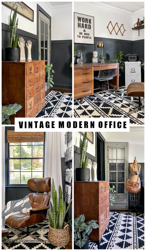 Tour a stylish and sophisticated vintage modern home office! #vintagemodern #vintagedecor #vintage #vintageoffice #vintagefinds #officedecor Artistic Home Office Design, Stylish Home Office Modern, Western Boho Home Office, Modern Vintage Office Design, Black And Wood Office Design, Modern With Vintage Accents, Modern Rustic Home Office Ideas, Artsy Office Decor, Masculine Boho Office