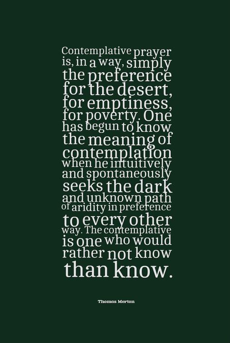 "Contemplative prayer is, in a way, simply the preference for the desert, for emptiness, for poverty. One has begun to know the meaning of contemplation when he intuitively and spontaneously seeks the dark and unknown path of aridity in preference to every other way. The contemplative is one who would rather not know than know." ~Thomas Merton Thomas Merton Prayer, Don't Worry Quotes, Centering Prayer, Contemplative Prayer, Worry Quotes, Mighty To Save, Christian Meditation, Earth History, Happy Child