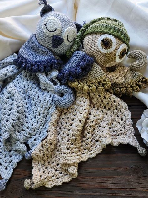 Sleepy Owl Lovey Blanket - M and M Crochet Designs Lovey Free Pattern, Crochet Lovey Free Pattern, Peacock Crochet, Owl Crochet, Bunny Lovey, M And M, Crochet Lovey, Lovey Blanket, Baby 2