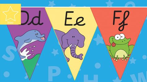 Alphabet Bunting (Cursive) A set of 26 flags displaying the letters of the alphabet and an object beginning with that letter. Perfect for displaying around the classroom, especially if you are short on display board or wall space. Simply attach ribbon or cord to the back of the bunting, using the flaps, along with staples or glue. A precursive vers... - www.tpet.co.uk - Classroom Resources by Teacher's Pet English Alphabets With Pictures, Key Stage 1, Flag Display, Alphabet Pictures, School Website, Teachers Pet, Free Teacher, Classroom Displays, Resource Classroom