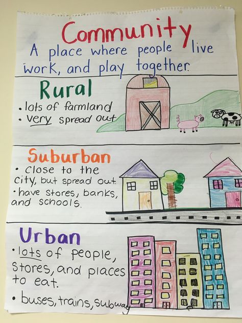 Urban Suburban Rural Anchor Chart, Community Anchor Chart First Grade, Local Community Grade 1, Types Of Communities Anchor Chart, Types Of Communities Activities, What Is A Community Anchor Chart, First Grade Community Unit, Pre K Social Studies Activities, Communities In Schools Ideas