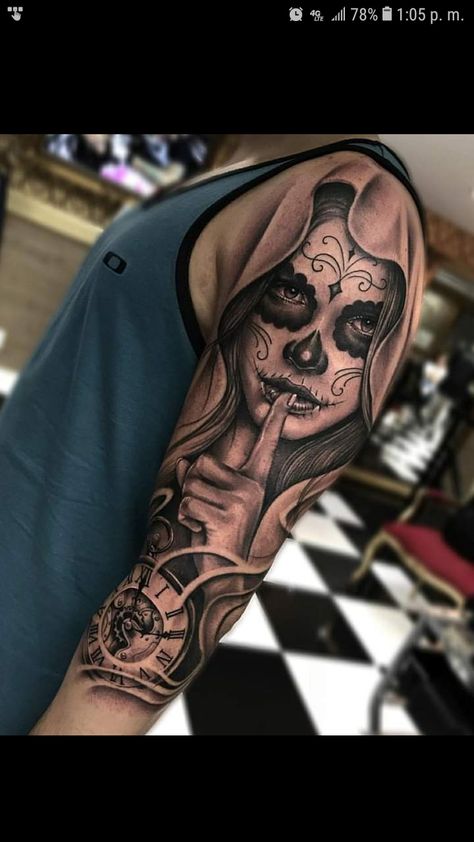 Day Of The Dead Tattoo Designs, Day Of The Dead Tattoos, Day Of Dead Tattoo, Chicano Tattoos Sleeve, Catrina Tattoo, Skull Girl Tattoo, Girl Face Tattoo, Skull Sleeve Tattoos, Men Tattoos Arm Sleeve