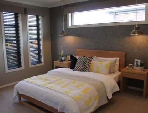 Perfect bedroom windows - upper long quarter-length window above the bed and long narrow windows across another wall. Long Narrow Windows, Long Narrow Bedroom, Window Above Bed, Bedroom Window Design, Above Bed Ideas, Bedroom Divider, Narrow Bedroom, Bedroom Closet Doors, Latest Living Room Designs