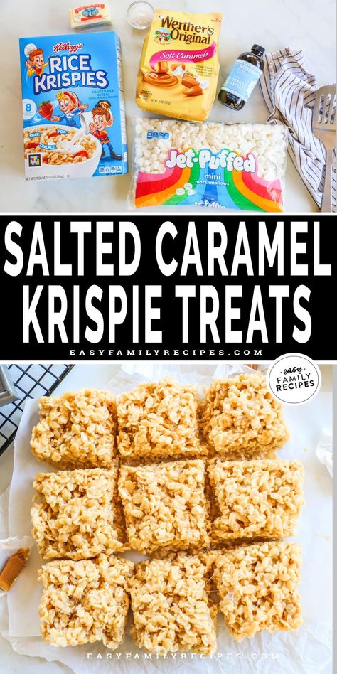 With warm caramel flavors highlighted by a light sprinkle of salt, these Salted Caramel Rice Krispie Treats take Rice Krispie treats over the top–in the very best way! The sweet and salty combination of these caramel Rice Krispie treats recipe is SO irresistible. This recipe for caramel rice krispie bars is super easy and everyone will love them! Salted Carmel Rice Crispy Treat, Salted Caramel Rice Krispie Treats, Caramel Rice Krispie Treats, Dessert List, Recipe For Caramel, Rice Krispie Treats Recipe, Rice Krispie Bars, Sweet Bars, Mouthwatering Desserts