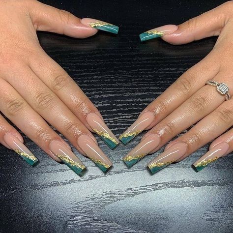 Green N Gold Nails, Green Nude Nails, Emerald Nails, Gold Acrylic Nails, Nail Station, Green Acrylic Nails, Salon Nails, Tapered Square Nails, Green Nail