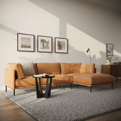 Olsen Charme Tan Leather Right Chaise Sectional | Article Tan Leather Couch Living Room, Tan Sofa Living Room, Couches Living Room Apartment, Tan Leather Sectional, Tan Leather Couch, Mid Century Modern Sectional Sofa, Leather Couches Living Room, Loft Area, Mid Century Modern Sectional