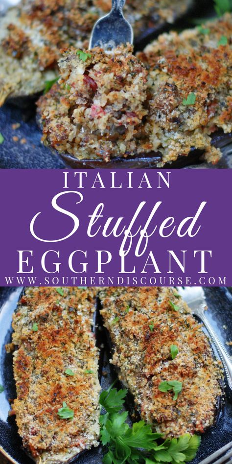 Stuffed Eggplant With Ground Beef, Sausage Stuffed Eggplant Recipes, Sausage Stuffed Eggplant, Eggplant Stuffed With Meat, Eggplant And Rice Recipes, Beef And Eggplant Recipes, Stuffed Eggplant Recipes Meat, Eggplant Stuffing, Shrimp Stuffed Eggplant