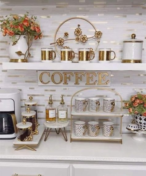 Gold Coffee Station Ideas, Special Cafe Design, Luxury Coffee Bar, Corner Bar Ideas For Home, Corner Coffee Bar Ideas, Corner Bar Ideas, Glam Coffee Bar, Coffe Bar Decor, Kitchen Countertop Decor