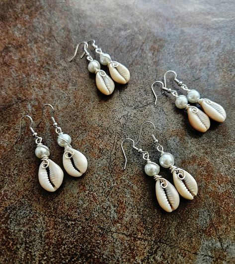 Cowrie Shell Earrings, Sea Shell Earrings, Silver Wire, Sea Shell Earrings - Etsy Wire Wrapped Shell Earrings, Puka Shell Earrings, How To Make Jewelry To Sell, Cowrie Jewelry, Cowrie Shell Earrings, Sea Shell Earrings, African Inspired Jewelry, Shell Ideas, Beaded Necklace Tutorial