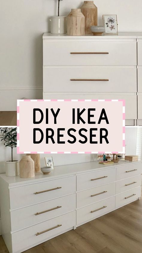 Looking for affordable home decor ideas? This Ikea Malm dresser makeover makes it look WAY more expensive that modern than before!! We used this Ikea dresser hack in our modern bedroom design and I love how it turned out! Read this post to see exactly how we transformed this Ikea dresser & all of the pieces we used! Diy Ikea Dresser Makeover, Malm Dresser Makeover, Malm Dresser Decor, Diy Ikea Dresser, Ikea Dresser Makeover, Ikea Dresser Hack, Dresser Decor Bedroom, Modern Bedroom Dressers