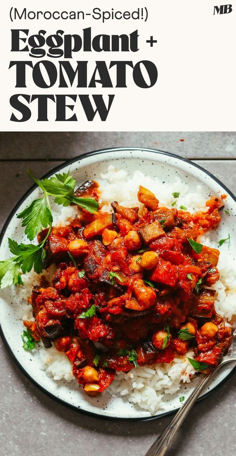 Moroccan-spiced tomato stew with roasted eggplant, smoky spices, and chickpeas! An incredibly comforting, satisfying 10-ingredient meal inspired by the flavors of zaalouk. Eggplant Bites, Eggplant And Tomatoes, Eggplant Stew, Tomato Stew, Moroccan Cooking, Mushroom Stew, Moroccan Spices, Eggplant Dishes, Warm Salad