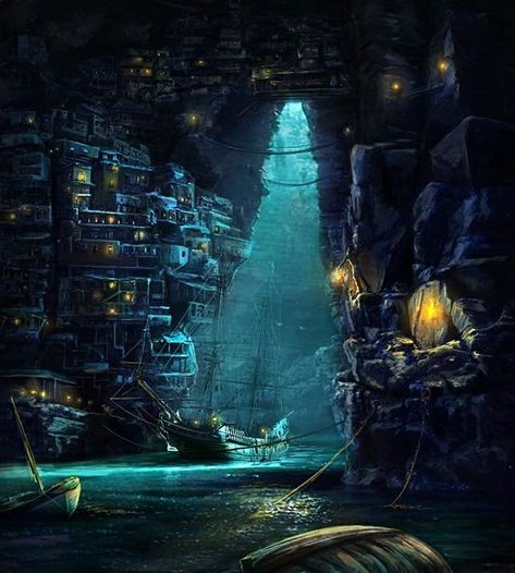 Grotto Fantasy Art, Cave City Concept Art, Hidden City, Cave City, Blue Grotto, Dnd Campaign, Underground World, Pirates Cove, Pirate Art