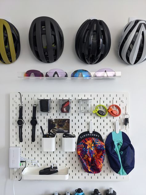 Cycling Gear Organization, Bike Helmet Storage Ideas, Ikea Bike Storage, Cycling Kit Storage, Cycling Room At Home, Bicycle Helmet Storage, Cycling Room Ideas, Sports Organization Ideas, Cycling Organization