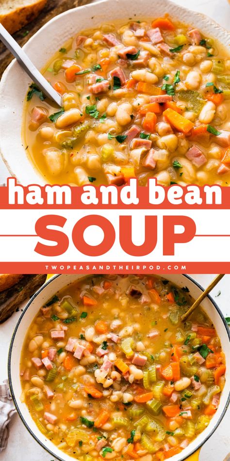 Here's a delicious homemade soup for dinner tonight! This Ham and Bean Soup is packed with tender, juicy ham, vegetables, and creamy Great Northern beans. Pin this classic, yummy comfort food recipe! Easy Ham And Bean Soup, Old Fashioned Ham, Bacon Cheddar Biscuits, Ham Bean Soup, Husband Food, Ham And Bean, Moms Recipes, Bean Soup Recipe, Easy Ham