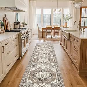 Washable Kitchen Runner Rug - 2x10 Hallway Rug Distressed Mats Non-Slip Soft Room Floor Carpet for Dining Room (Beige, 2 x 10) Washable Kitchen Runner, Modern Kitchen Rugs, Soft Room, Vintage Inspired Kitchen, Light Wood Cabinets, Dining Room Blue, Hal Decor, Kitchen Runner Rug, Kitchen Carpet