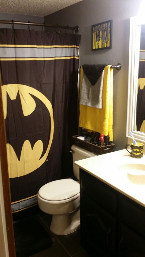 Batman themed bathroom Batman Bathroom Decor, Bathroom Decor Apartment Themes, Batman Bathroom, Kids Bathroom Themes, Bathroom Wallpaper Trends, Batman Bedroom, Boys Bathroom Decor, Bathroom Themes, Bathroom Decor Apartment