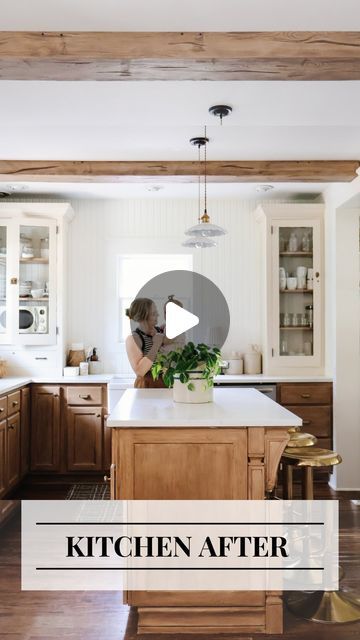 DIY + Home Decor | Jayme Squires on Instagram: "Ps: it’s not real wood 🤫 I used @retiqueliquidwood paint for the cabinets & faux wood foam beams from @barrondesigns for the ceiling!" Kitchen With Faux Beams, Faux Beams In Kitchen, Foam Beams, Beam In Kitchen, Colonial Revival House, Ceiling Diy, Staining Furniture, Faux Wood Beams, Faux Beams