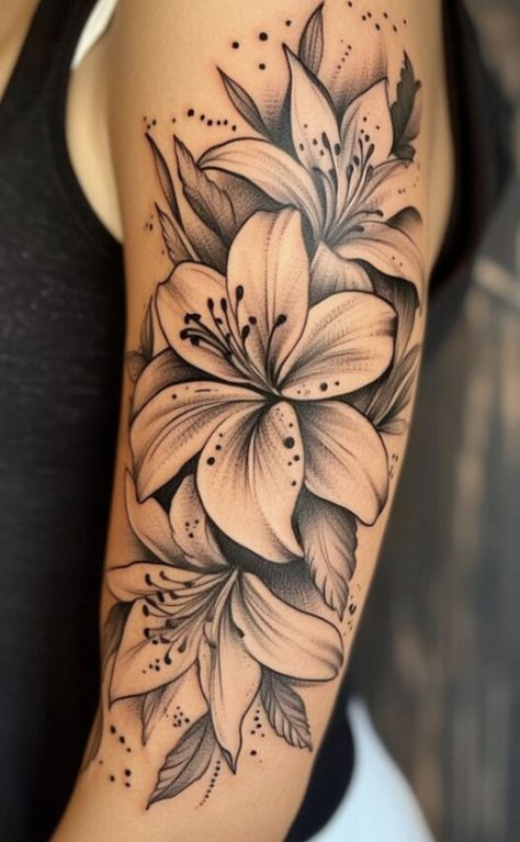 Lily Tattoo Sleeve, Lily Tattoo Ideas, Lilly Tattoo Design, Lilly Flower Tattoo, Tiger Lily Tattoos, Black And White Flower Tattoo, Inside Of Arm Tattoo, Side Tattoos Women, Cute Thigh Tattoos