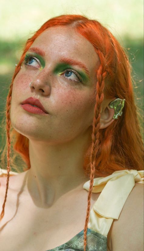 Ginger Fairy Aesthetic, Fairy Costume Hairstyles, High Elf Makeup, Ren Faire Makeup Elf, Fae Ren Faire Outfit, Forest Fairy Ren Faire, Wood Fairy Makeup, Fairy Like Makeup, Ren Faire Fairy Makeup