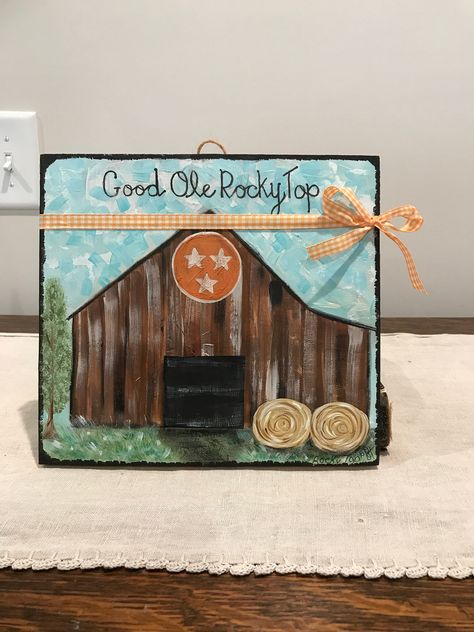 Rocky top, Tennessee barn, hand painted country barn, rustic barn, Tennessee orange, good ole rocky top, Tennessee art, Tennessee decor Tennessee Painting Ideas, Tennessee Painting, Tennessee Decor, Rocky Top Tennessee, Tennessee Orange, Painting Parties, Pumpkin Pictures, Unique Flags, Fall Canvas