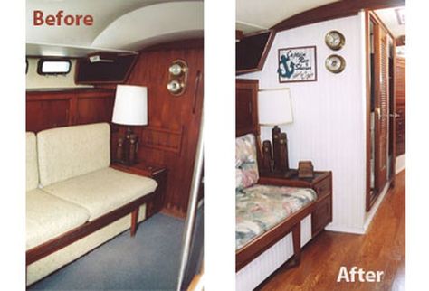 Sailboat Remodel, Boat Makeover, Boat Remodel, Trailer Sailer, Whimsy Decor, Sailboat Restoration, Boat Cabin, Cabin Remodel, Beadboard Paneling