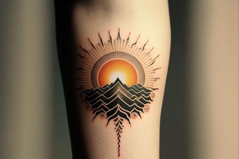 70+ Minimalist Tattoo Ideas To Inspire Your Next Piece | Inspirationfeed Color Sun Tattoo Designs, Geometric Sun Tattoo Design, Retro Space Tattoo, Abstract Sunset Tattoo, Orange Sun Tattoo, Colorful Geometric Tattoo, Ecuador Tattoo Ideas, 4 Elements Tattoo Minimalist, Bord Tattoo