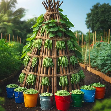 Plant bean in the buckets to grow up the bamboo poles and make a garden teepee Garden Teepee, Bamboo Poles, Buckets, A Garden, Growing Up, To Grow, Plants