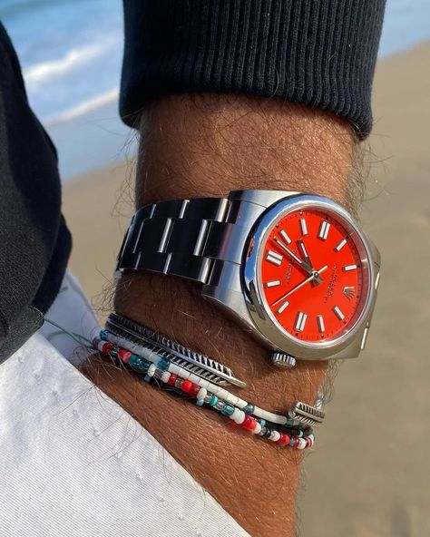 Red Rolex Watch, Arm Stack, Jewelry Accessories Ideas, Streetwear Men, Rolex Oyster Perpetual, Accessories Ideas, Rolex Oyster, Coral Red, Stacked Jewelry