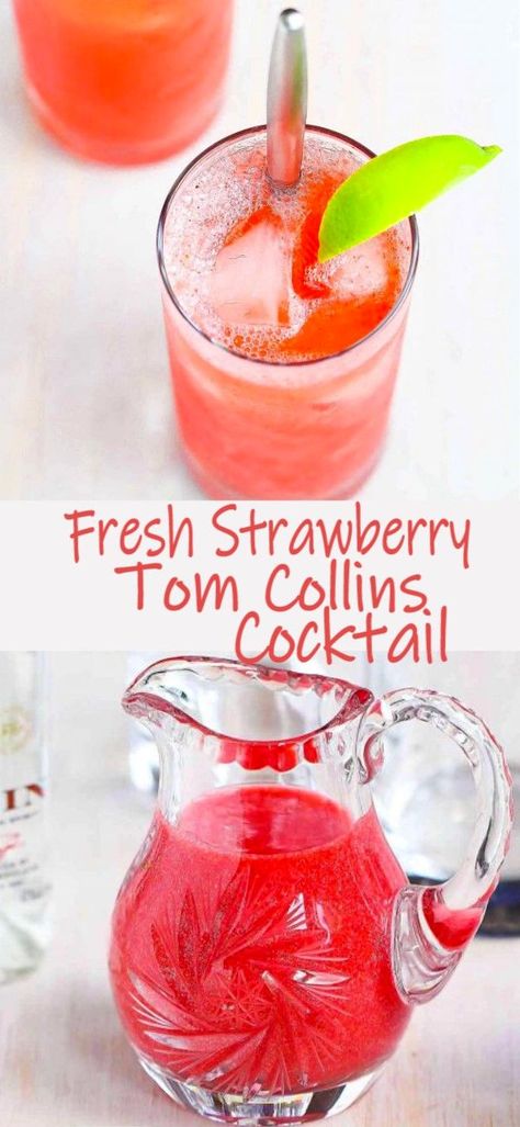 Perfect for Mother’s Day or happy hour on any day! The classic Tom Collins cocktail get a twist with some fresh strawberry puree. Fruity & delicious! 188 calories and 6 Weight Watchers SP | Drink recipes | Gin | Cocktails #tomcollins #happyhour #strawberrycocktails #cocktailrecipes #tomcollinscocktails #weightwatchers Tom Collins Cocktail, Collins Cocktail, Strawberry Cocktails, Mommy Juice, Strawberry Lime, Tom Collins, Fruity Drinks, Eat Seasonal, Strawberry Puree