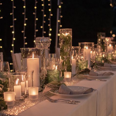 Candle And Fairy Light Wedding, Elegant Long Table Centerpieces, Ball Decorations Elegant, Fairy Light Table Decor, Prom Table Decor, Prom Table Decorations, Fairy Lights Wedding Centerpieces, Fairy Light Tunnel, Outdoor Wedding Table Decor