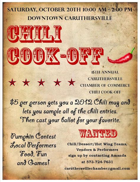 15th Annual Caruthersville Chamber of Commerce Chili Cook-off Cook Off Ideas, Cookoff Ideas, Simple Chili, Chili Party, Chili Cookoff, Harvest Fest, Pumpkin Contest, American Legion, Awards Certificates Template