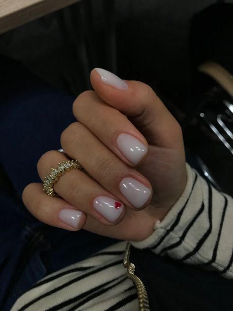 Milk White Nails With Heart, Red Heart Manicure, Milky White Nails Red Heart, Heart Nails Natural, Milky White With Hearts Nails, Short White Nails With Red Heart, Small Heart Nails Simple, Small Red Heart Nails, Small Heart Design Nails