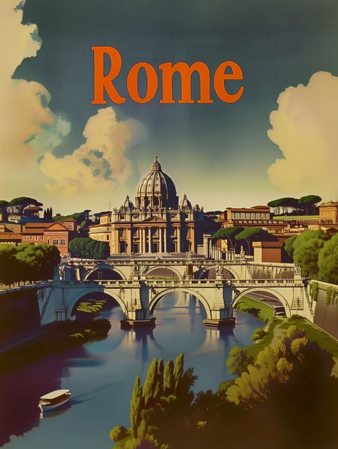 Welcome to our Vintage Rome Vatican City Travel Poster listing! This splendid art piece transports you to the heart of Italy, showcasing a breathtaking view of the Vatican City as seen from the Tiber River. The serene waters and iconic Ponte Sant'Angelo bridge frame the magnificent St. Peter's Basilica, captured here in its full, sunlit glory. Vintage Rome, Rome Poster, Tiber River, Rome Vatican, Landscape Posters, Italian Posters, Italian Landscape, Old Advertisements, Italy Print