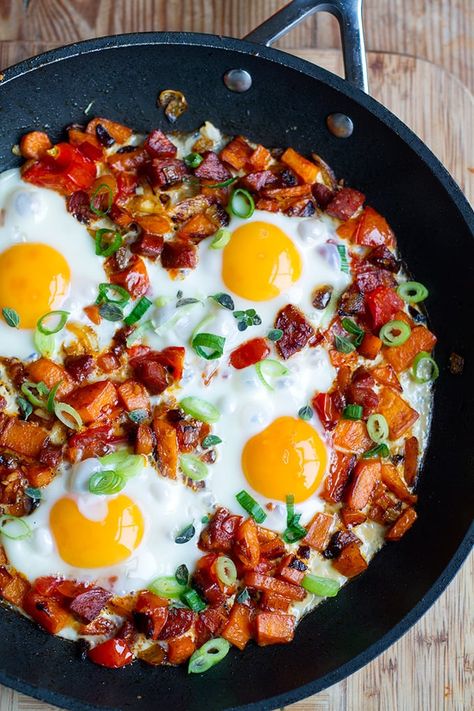 Potato Egg Skillet, Chorizo And Sweet Potato, Yoghurt Chicken, Chorizo Sweet Potato, Caramelised Apple, Skillet Eggs, Paleo Hummus, Sweet Potato Egg, Breakfast Paleo