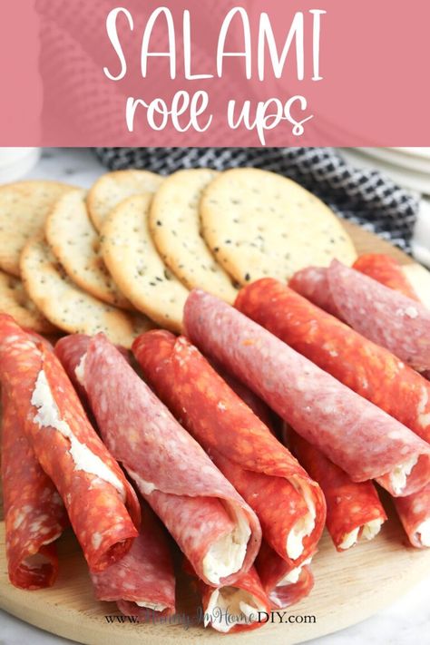 Easy Salami Roll Ups Appetizer with Cream Cheese Hard Salami Appetizers, No Bake Finger Foods, Pickle Cream Cheese Roll Ups, Keto Rollups, Recipes With Salami, Mozzarella Roll Ups, Salami Roll Ups, Appetizer With Cream Cheese, Quick Party Snacks