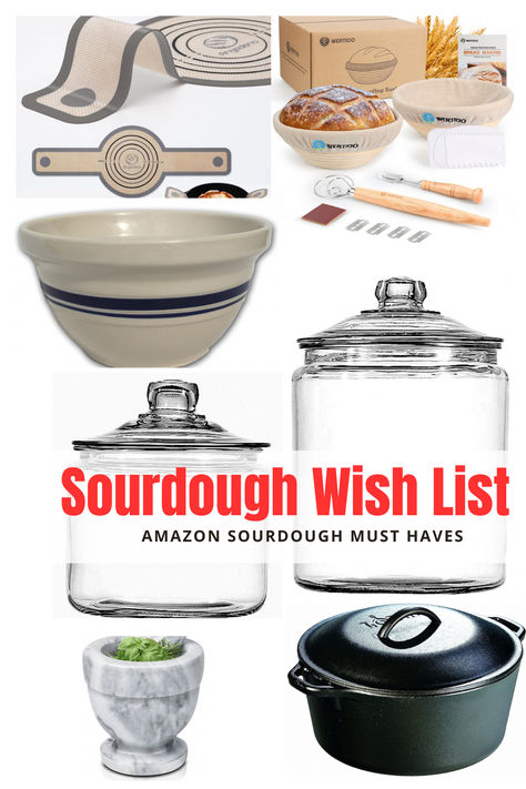 want to start baking with sourdough starter but dont know what tools you need? These Amazon must haves are a good start! How Do You Start A Sourdough Starter, Best Jars For Sourdough Starter, Sourdough Bread Making Tools, Sourdough Starter Names List, Sourdough Baking Tools, Sourdough Starter Warmer, Sourdough Bread Tools, Sourdough Starter Container, Sourdough Must Haves