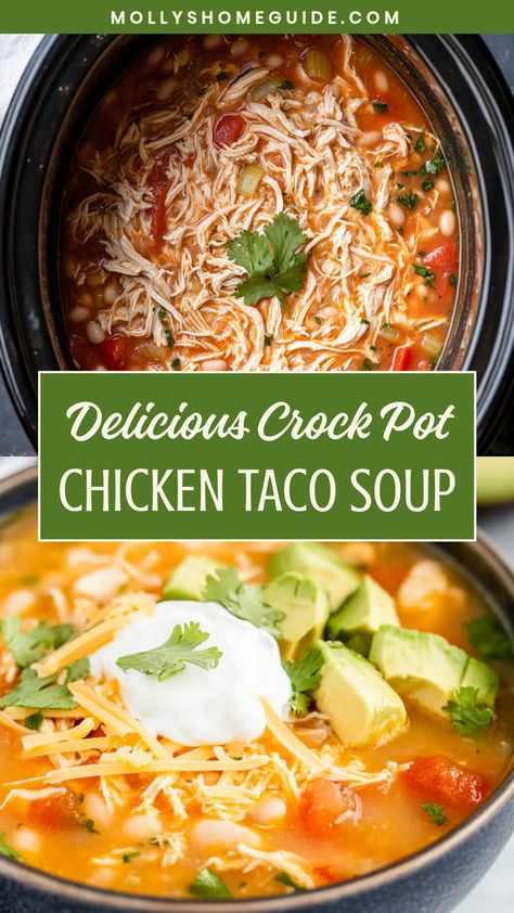 Discover a delicious and easy recipe for Crock Pot Chicken Taco Soup that will satisfy your cravings on a chilly day. This hearty soup is packed with flavor and is perfect for meal prep. With simple ingredients and minimal effort, you can enjoy a warm bowl of comfort food that the whole family will love. Try this recipe today and add it to your collection of go-to meals! Chicken Taco Soup Crock Pot, Crock Pot Chicken Taco Soup, Healthy Crock Pot Chicken, Easy Chicken Taco Soup, Crockpot Chicken Taco Soup, Crock Pot Taco Soup, Ip Chicken, Soup Recipes Healthy, Healthy Crock Pot