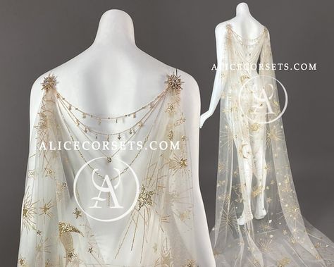 White And Gold Gown Goddesses, Fantasy Veil, Starry Wedding Dress, Acotar Birthday, Alternative Wedding Dress Color, Goddess Wedding Dress, Celestial Garden, Drape Veil, Wedding Cape Veil