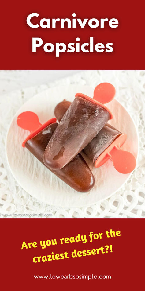 Image of three carnivore popsicles on a white plate. Carnivore Popsicles, Bone Broth Gelatin, Carnivore Desserts, Carnivore Snacks, Fudge Pops, Popsicles Recipe, Frozen Yogurt Recipes, Carnivore Recipes, Paleo Meal Plan