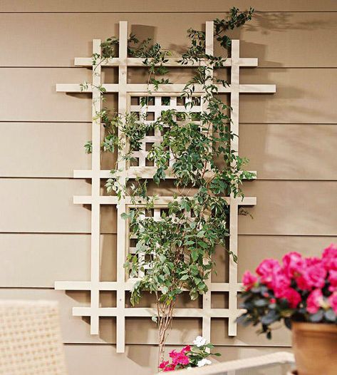 A beautiful trellis does not always mean a huge trellis. Two inserts cut from a lattice panel on a cedar frame bring the elements of a larger trellis to this smaller wall-mount style. Front Door Trellis, Pergola Corner, Wall Mounted Trellis, Door Trellis, Simple Trellis, Large Trellis, Fence Planning, Wall Trellis, Trellis Fence