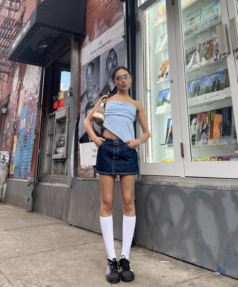 Streetwear Mini Skirt, Coach Baguette Bag, Denim Mini Skirt Aesthetic, Heatwave Outfit, Skirt And Knee High Socks, Trendy Streetwear Mini Skirt, Denim Mini Skirt For Streetwear, Summer Streetwear Mini Skirt, Knee High Socks Outfit